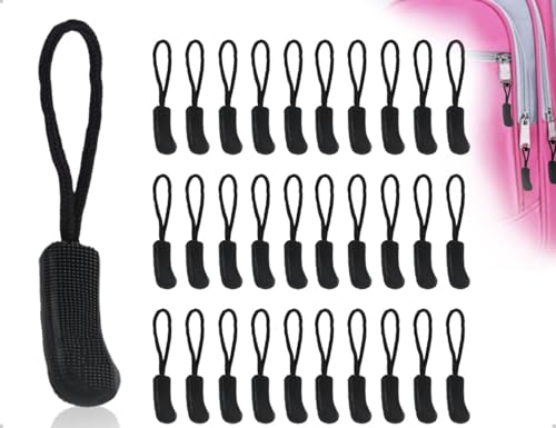 Emezddo 30 Stück Einfädeln Reißverschluss Anhänger,Weich Rutschfest Zipper für Reißverschluss,Mehrzweck Zipper Ersatz,Zipstring VerläNgerung für Taschen,Kleidung(Schwarz) von Emezddo