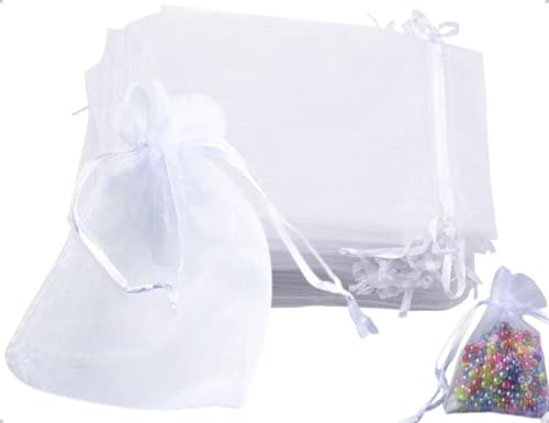 Emezddo 50 Stück Organzasäckchen,Kleine Schmuckbeutel mit Kordelzug,verwendet für Hochzeit Festival Party Geburtstag Süßigkeiten Ringe Halsketten Anhänger(Weiß) von Emezddo