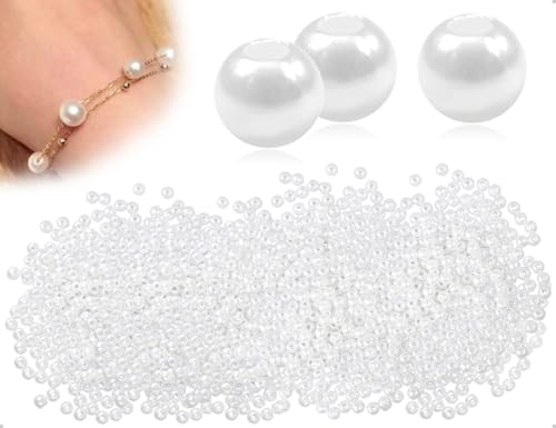 Emezddo 500 Stück Perlen Zum Basteln,kleine Kunstperlen,Künstliche lose Beads zum Aufnähen,Bastelperlen mit Löchern,für DIY Schmuckherstellung Armbänder Halsketten Kleidung Basteln(6 mm,Runde,Weiße) von Emezddo
