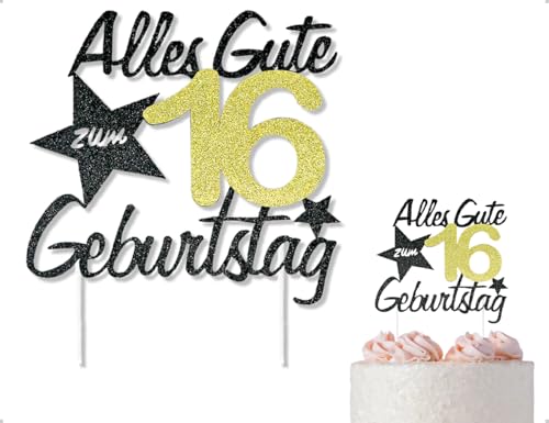 Emezddo Happy 16th Birthday Tortendeko,16 Jahre Alles Gute zum Geburtstag Kuchendeko,Glitter Cake Topper,verwendet für Junge Mädchen Themenparty Jahrestag(Schwarz) von Emezddo