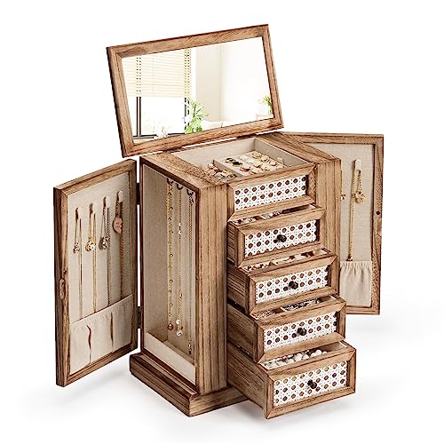 Emfogo Schmuckkästchen für Damen, 5-lagig, große Holz-Schmuckschatullen und Organizer für Halsketten, Ohrringe, Ringe, Armbänder, rustikale Schmuck-Organizer-Box mit Rattan, Schubladen und Spiegel Emfogo Schmuckkästchen für Damen, 5-lagig, große Holz-Schmuckschatullen und Organizer für Halsketten, Ohrringe, Ringe, Armbänder, rustikale Schmuck-Organizer-Box mit Rattan, Schubladen und Spiegel von Emfogo