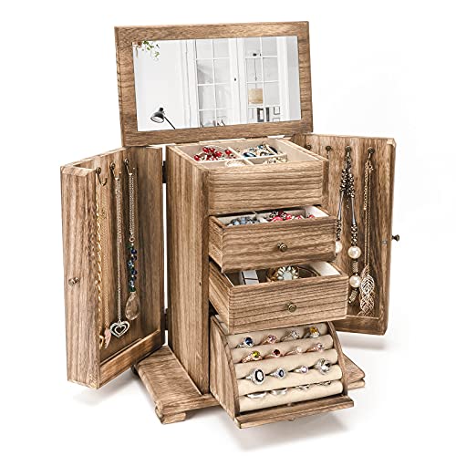 Emfogo Schmuckschatulle für Damen, rustikale Holz-Schmuckschatullen und Organizer mit Spiegel, 4-lagig, Schmuck-Organizer-Box für Ringe, Ohrringe, Halsketten, Armbänder, Rustikalbraun Emfogo Schmuckschatulle für Damen, rustikale Holz-Schmuckschatullen und Organizer mit Spiegel, 4-lagig, Schmuck-Organizer-Box für Ringe, Ohrringe, Halsketten, Armbänder, Rustikalbraun von Emfogo