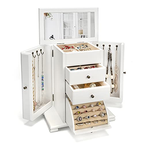 Emfogo Schmuckschatulle für Damen, rustikale Holz-Schmuckschatullen und Organizer mit Spiegel, 4-lagig, Schmuck-Organizer-Box für Ringe, Ohrringe, Halsketten, Armbänder, verwittertes Weiß Emfogo Schmuckschatulle für Damen, rustikale Holz-Schmuckschatullen und Organizer mit Spiegel, 4-lagig, Schmuck-Organizer-Box für Ringe, Ohrringe, Halsketten, Armbänder, verwittertes Weiß von Emfogo