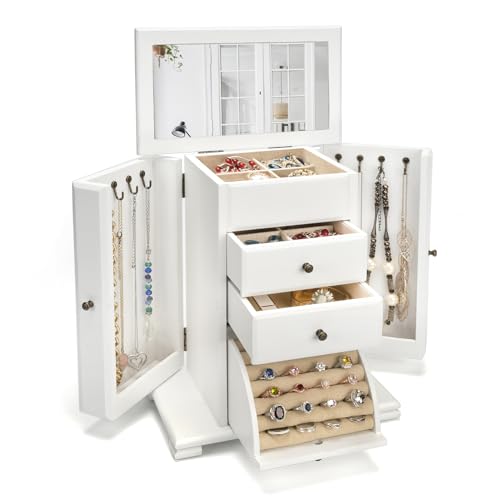 Emfogoo Schmuckkästchen für Damen und Mädchen, rustikale große Schmuckschatullen und Organizer aus Holz mit Spiegel, 4-lagige Schmuck-Organizer-Box für Ringe, Ohrringe, Halsketten, Armbänder (weiß) von Emfogoo