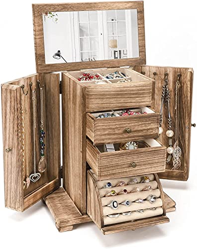 Emfogoo Schmuckkästchen für Mädchen, rustikale Holz-Schmuckschatullen und Organizer mit Spiegel, 4-lagige Schmuck-Organizer-Box für Ringe, Ohrringe, Halsketten, Armbänder (rustikales Braun) von Emfogoo