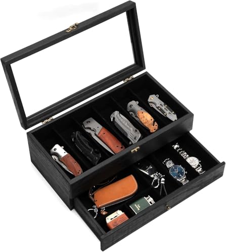 Emfogoo Taschenmesser Display, 2 Layer Knife Holder, Holz Dolchständer, Messerständer Organizer für Sammlung Verschiedene Messer, Geschenk für Freund, Vatertag Geburtstagsgeschenk (Schwarz) von Emfogoo