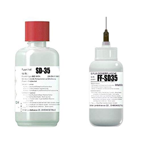 Profi-Set: 250 ml Flussmittel SD-35 + 50 ml in EO-Flux-Dosierflasche FF-SD-35, No-Clean, 3,5% Feststoff, harzfrei, zum Handlöten u. Litzenverzinnen von Emil Otto