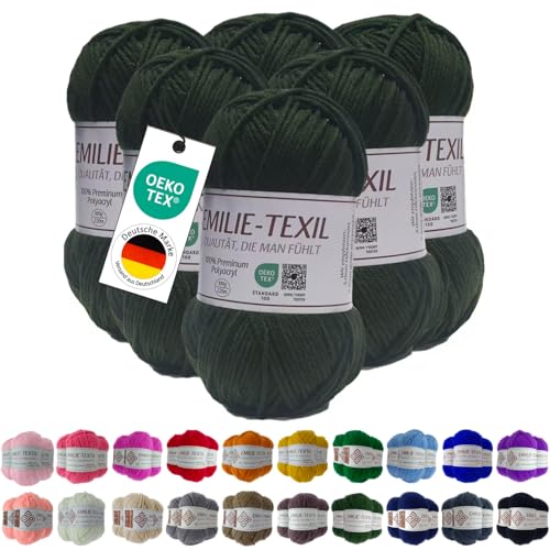 Emilie-Textil Premium Polyacryl-Garn 6X100g 20 Farben OEKO-TEX zertifiziert für Babys/Allergiker, Garn zum häckeln und stricken (6, Dunkel Grün) von Emilie-Textil