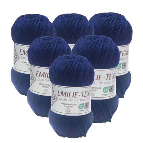 Emilie-Textil Premium Polyacryl-Garn 6X100g 20 Farben OEKO-TEX zertifiziert für Babys/Allergiker, Garn zum häckeln und stricken (6, Marine Blau) von Emilie-Textil