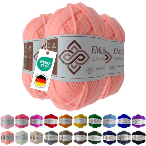Emilie-Textil Premium Polyacryl-Garn 3X100g 20 Farben OEKO-TEX zertifiziert für Babys/Allergiker, Garn zum häckeln und stricken (3, Apricot) von Emilie-Textil