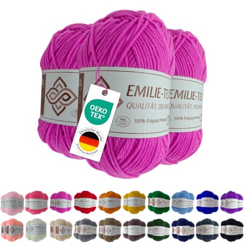 Emilie-Textil Premium Polyacryl-Garn 3X100g 20 Farben OEKO-TEX zertifiziert für Babys/Allergiker, Garn zum häckeln und stricken (3, Pink) von Emilie-Textil