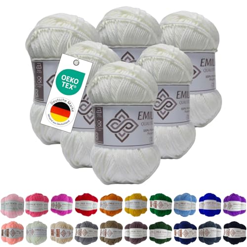 Emilie-Textil Premium Polyacryl-Garn 6X100g 20 Farben OEKO-TEX zertifiziert für Babys/Allergiker, Garn zum häckeln und stricken (6, Weiß) von Emilie-Textil