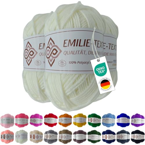 Emilie-Textil Premium Polyacryl-Garn 3X100g 20 Farben OEKO-TEX zertifiziert für Babys/Allergiker, Garn zum häckeln und stricken (3, Weiß) von Emilie-Textil