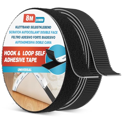 EMITEVER Klettband Selbstklebend Extra Stark 8mX20mm- Klettverschluss Selbstklebend Heavy Duty Schwarz -Doppelseitiges Vielseitig einsetzbar Tape für Innen & Außen DIY, Haushalt Organisation von Emitever