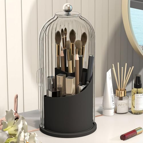 Emljkvp Make-up-Pinselhalter mit staubdichter Abdeckung, um 360 Grad drehbar, Make-up-Pinsel-Organizer für Schminktisch, Badezimmer, Weiß/Schwarz von Emljkvp