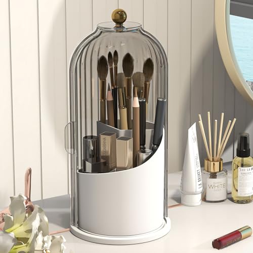 Emljkvp Make-up-Pinselhalter mit staubdichter Abdeckung, um 360 Grad drehbarer Make-up-Pinsel-Organizer für Waschtisch, Badezimmer, Grau von Emljkvp