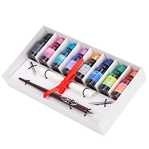 Emoshayoga Farbtinten-Stifthalter-Set, Dip-Stift, 8-farbige Tinte, Kalligraphie-Füllfederhalter, Geschenkbox-Set mit austauschbarer Feder von Emoshayoga