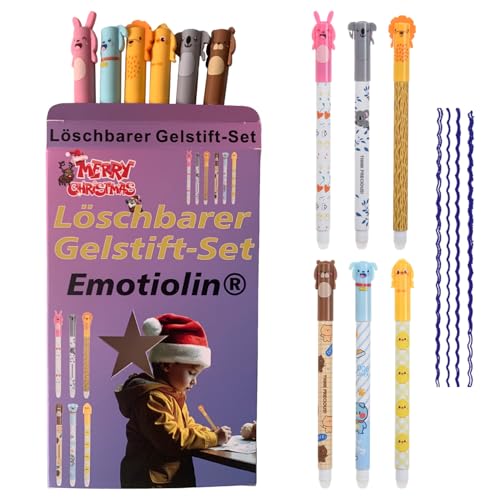 Emotionlin 6er Set 0,7 mm Radierbarer Kugelschreiber mit Gelstiften Präzisionsmine, integrierter Radierstift und ‑Griff für Schule, Büro, Notizen, Skizzen, Zeichnen (Tier-Gelstift, Blau) von Emotionlin