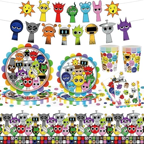 Sprunki Cartoon Partygeschirr Set, Incredibox Kindergeburtstag Party Pappteller Set, Kindergeburtstag Pappteller Set für Parteien, Taufe Geburtstagsparty (Weiß-2) von EnJyvor