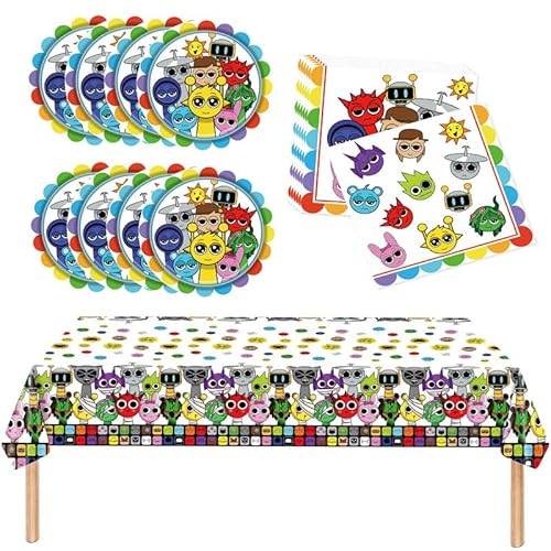 EnJyvor Sprun-ki Cartoon Partygeschirr Set, Incredibox Kindergeburtstag Party Pappteller Set, Kindergeburtstag Pappteller Set für Parteien, Taufe Geburtstagsparty (Weiß) von EnJyvor