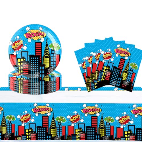 Superhelden Partygeschirr Set, Partygeschirr Kindergeburtstag,Kindergeburtstag Deko,Geburtstag Deko,Party Geschirr für 10 Gäste (Blau-1) von EnJyvor
