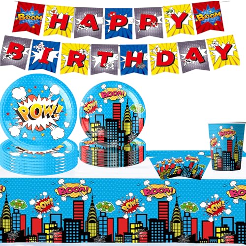 Superhelden Partygeschirr Set, Partygeschirr Kindergeburtstag,Kindergeburtstag Deko,Geburtstag Deko,Party Geschirr für 10 Gäste (Blau-2) von EnJyvor