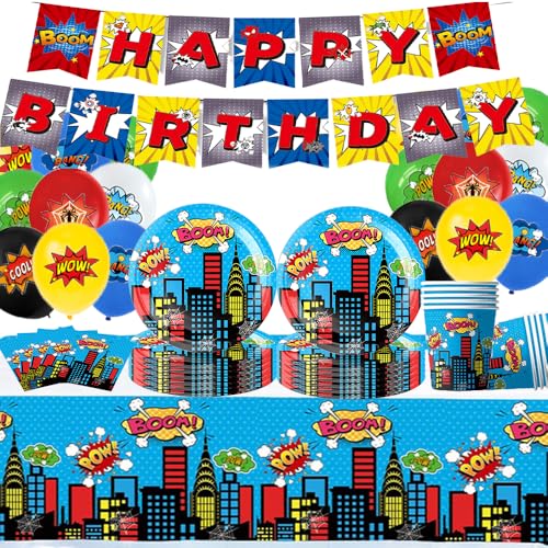 Superhelden Partygeschirr Set, Partygeschirr Kindergeburtstag,Kindergeburtstag Deko,Geburtstag Deko,Party Geschirr für 10 Gäste (Blau-3) von EnJyvor