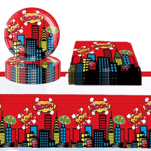 Superhelden Partygeschirr Set, Partygeschirr Kindergeburtstag,Kindergeburtstag Deko,Geburtstag Deko,Party Geschirr für 10 Gäste (Rot-1) von EnJyvor