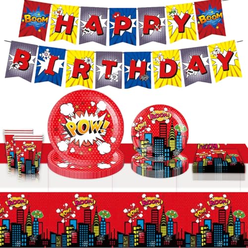 Superhelden Partygeschirr Set, Partygeschirr Kindergeburtstag,Kindergeburtstag Deko,Geburtstag Deko,Party Geschirr für 10 Gäste (Rot-2) von EnJyvor