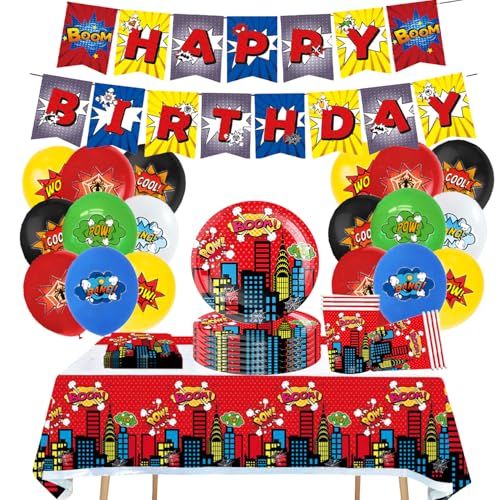 Superhelden Partygeschirr Set, Partygeschirr Kindergeburtstag,Kindergeburtstag Deko,Geburtstag Deko,Party Geschirr für 10 Gäste (Rot-3) von EnJyvor
