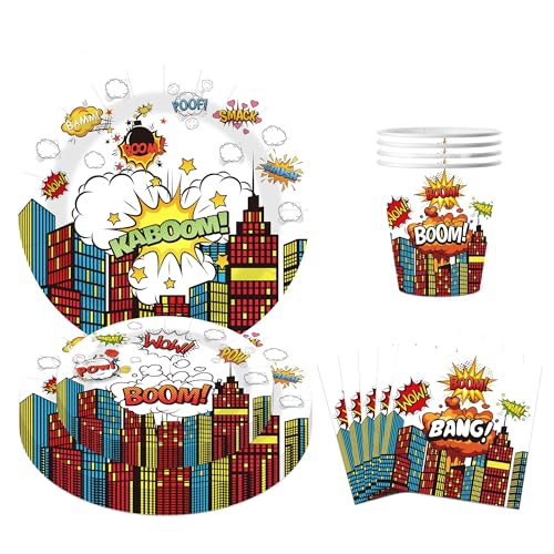Superhelden Partygeschirr Set, Partygeschirr Kindergeburtstag,Kindergeburtstag Deko,Geburtstag Deko,Party Geschirr für 10 Gäste (Weiß-2) von EnJyvor