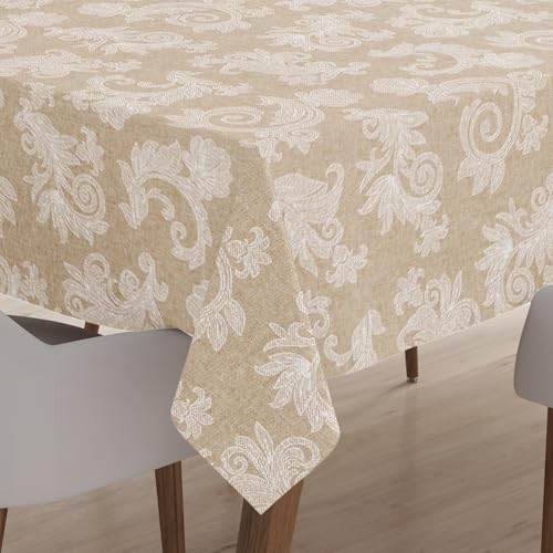 Encasa XO 4 Seater Estischtuch 145 cm-Round (57 in- Round) I Blumen Beige Jacquard -Style -Druck auf Chambray Homespun Cotton I für Familienversammlungen, Partys, die ich waschbar ist von Encasa XO