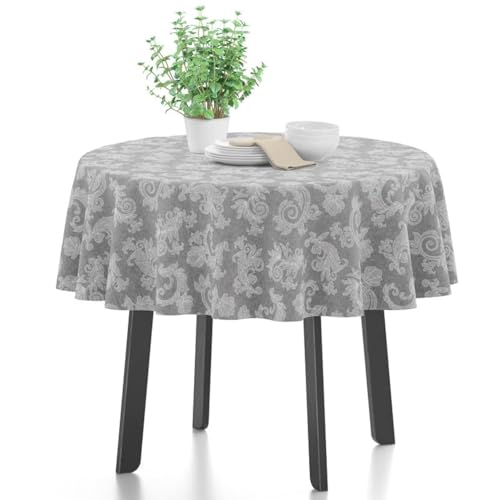 Encasa XO 4 Seater Estischtuch 145 cm-Round (57 in- Round) I Blumen Grey Jacquard -Style -Druck auf Chambray Homespun Cotton I für Familienversammlungen, Partys, die ich waschbar ist von Encasa XO