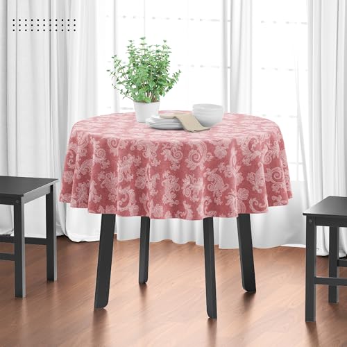 Encasa XO 4 Seater Estischtuch 145 cm-Round (57 in- Round) I Blumen Red Jacquard -Style -Druck auf Chambray Homespun Cotton I für Familienversammlungen, Partys, die ich waschbar ist von Encasa XO