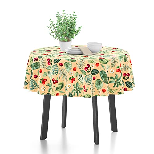 Encasa Polyester Bedruckte Tischdecke, Tischdecke aus Twill-Stoff, wasserabweisend, Länge 142 cm-Round für rechteckigen Esstisch 4 Seater. Maschinenwaschbar, langlebig - Kirsche von Encasa XO
