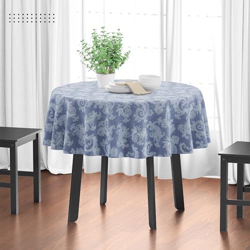 Encasa XO 4 Seater Estischtuch 145 cm-Round (57 in- Round) I Blumen Blue Jacquard -Style -Druck auf Chambray Homespun Cotton I für Familienversammlungen, Partys, die ich waschbar ist von Encasa XO