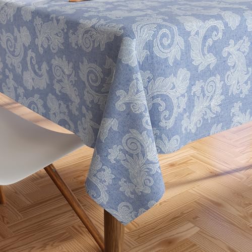 Encasa 4 to 6 Seater Estischtuch 145x180 cm (57x72 in) I Blumen Blau Jacquard -Style -Druck auf Chambray Homespun Cotton I für Familienversammlungen, Partys, die ich waschbar ist von Encasa