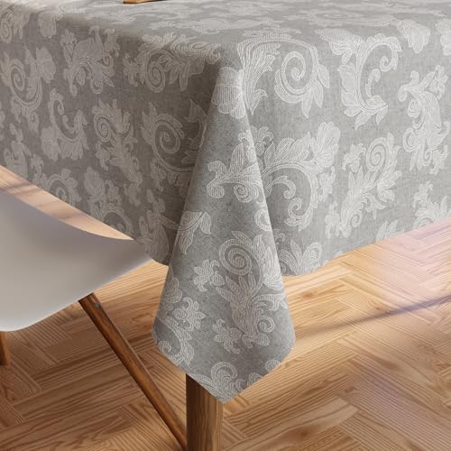 Encasa XO 6 to 8 Seater Estischtuch 145x240 cm (57x94 in) I Blumen Grey Jacquard -Style -Druck auf Chambray Homespun Cotton I für Familienversammlungen, Partys, die ich waschbar ist von Encasa XO