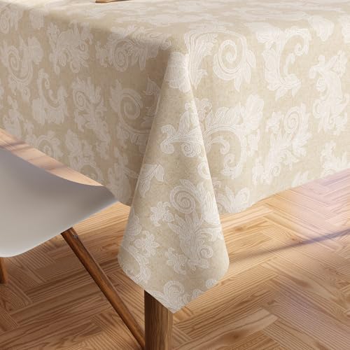 Encasa XO 8 to 10 Seater Estischtuch 145x300 cm (57x118 in) I Blumen Beige Jacquard -Style -Druck auf Chambray Homespun Cotton I für Familienversammlungen, Partys, die ich waschbar ist von Encasa XO