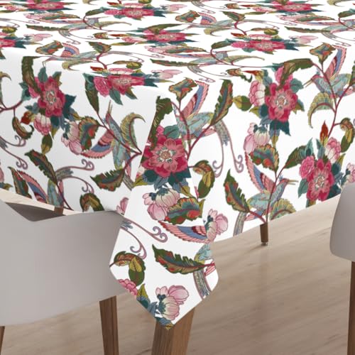 Encasa Polyester Bedruckte Tischdecke, Tischdecke aus Twill-Stoff, wasserabweisend, Länge 140 cm-Round für rechteckigen Esstisch 4 Seater. Maschinenwaschbar, langlebig - Chintz rot von Encasa