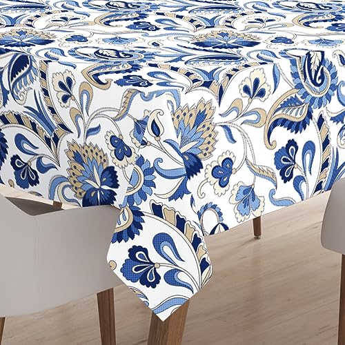 Encasa Polyester Bedruckte Tischdecke, Tischdecke aus Twill-Stoff, wasserabweisend, Länge 142x180 cm für rechteckigen Esstisch 4 to 6 Seater. Maschinenwaschbar, langlebig - Chintz Blue von Encasa