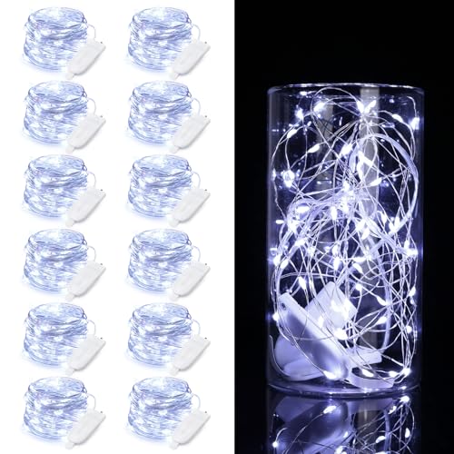 Encham 12 Stück Lichterkette Batterie Weiß Lichterketten aus Kupferdraht 2m 20 LED Knopfzelle Partybeleuchtung für Weihnachten Halloween Party Hochzeiten Innen und Außen Weihnachtsdeko von Encham