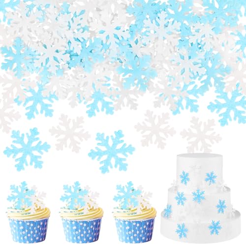 50 Stück Essbare Schneeflocken Tortendeko, Frozen Kuchen Deko, Essbare Kuchen Topper Schneeflocke Cupcake Toppers, Muffin Deko Torte für Geburtstag, Hochzeit, Weihnachten (Blua + Weiße) von Encuryna