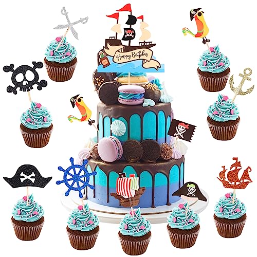 Encuryna 31 Stück Pirate Tortenstecker Set, Happy Birthday Cake Toppers Piraten Kuchendeckel, Piratenschiff Kuchen Topper Cupcake für Kinder Mädchen Junge Geburtstag Party Muffin Deko von Encuryna