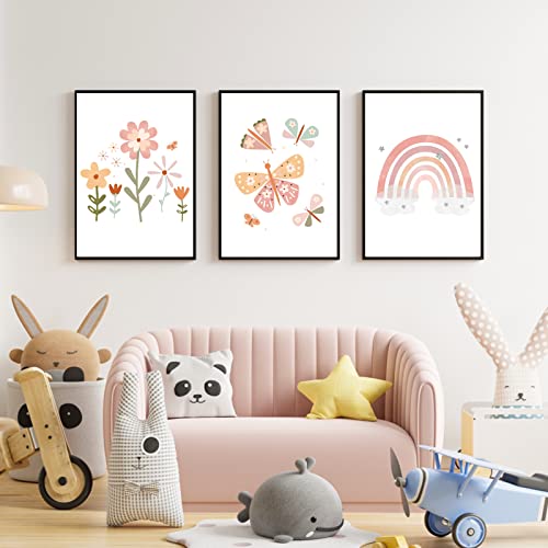 Encuryna 3er Set Poster Kinderzimmer Babyzimmer 40x30 cm, Regenbogen Schmetterlinge Blumen Bilder Ohne Rahmen, Wandposter Bilder Babyzimmer Bilder Kinderzimmer Deko für Junge Mädchen von Encuryna