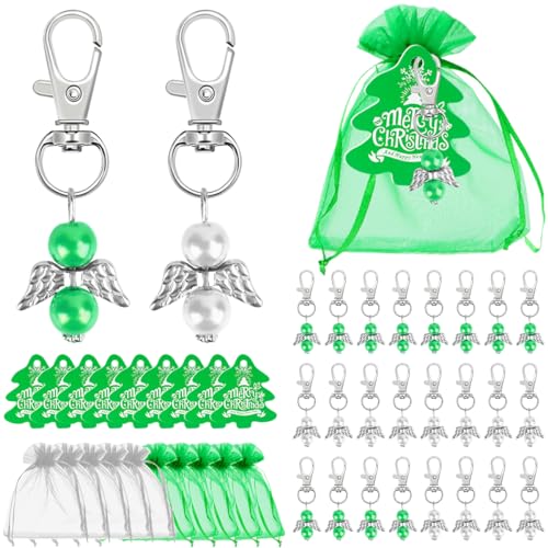 Encuryna Schutzengel Gastgeschenke 24 Stück, Engelanhänger + Organzabeutel + Kraftpapier Geschenkanhänger, Schutzengel Anhänger für Hochzeit Gastgeschenke Taufe Kommunion Weihnachten (Grün + Weiß) von Encuryna