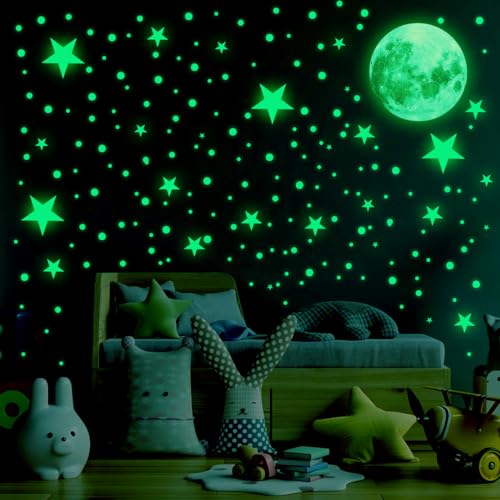 Leuchtsterne Wandsticker, 435 Stück Leuchtsticker Kinderzimmer Wandtattoo Mond und Sterne Fluoreszierend Wandaufkleber, Leuchtsterne Selbstklebend für Kinderzimmer Dekorative Aufkleber von Encuryna