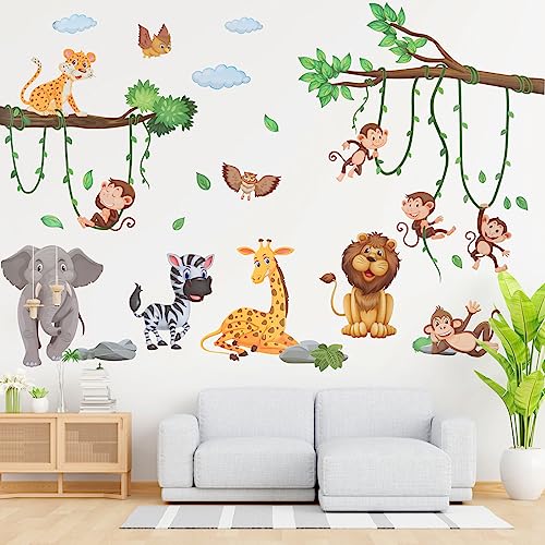 Wandtattoo Kinderzimmer Tiere,2 Karten Wandtattoo Dschungel Wandsticker Babyzimmer Elefant Affe Giraffe Löwe Zebra Dschungel Deko kinderzimmer Babyzimmer Schlafzimmer Wanddeko von Encuryna