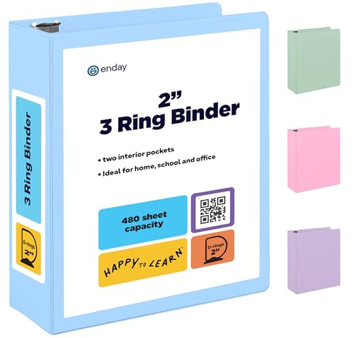 Enday 5,1 cm Ordner, blau – 5,1 cm 3-Ringbuch, D-Ringbuch mit transparentem Einband für Briefgröße 21,6 x 27,9 cm Papier und 2 Innentaschen, ideal für Schulbedarf, Büro und Zuhause von Enday