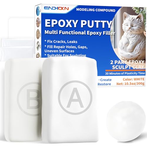 Epoxidharz Knete Weiß, Endhokn 300g 2 Komponenten Knetmasse Löcher Füllen Lecks, Risse Reparieren, Zwei Komponenten Knete für Metall, Keramik, Kunststoff, Holz, Fliesen von Endhokn